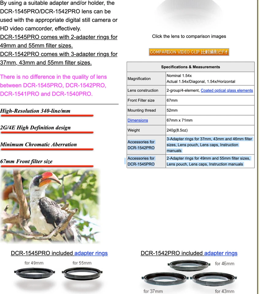 RAYNOX DCR-1542 1545 1541 1540 PRO 1.54x Telephoto Lens 37 43 46 49 52 55 mm - Image 2 of 4