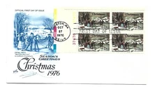 1702 Christmas 1976 Winter Pastime by N. Currier ArtCraft plate block FDC