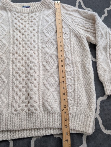 Vintage Lands End Sweater Mens Large Cable Knit Ireland Wool Cream Fisherman - Picture 4 of 6