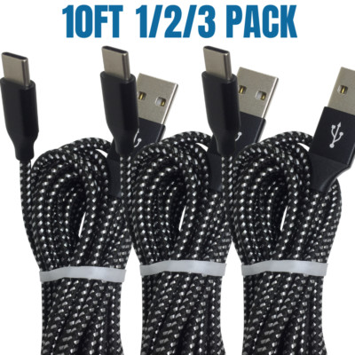 10FT 3Pack USB C Type C Fast Charging Cable For Samsung S20 S10 S9 Charger Cord