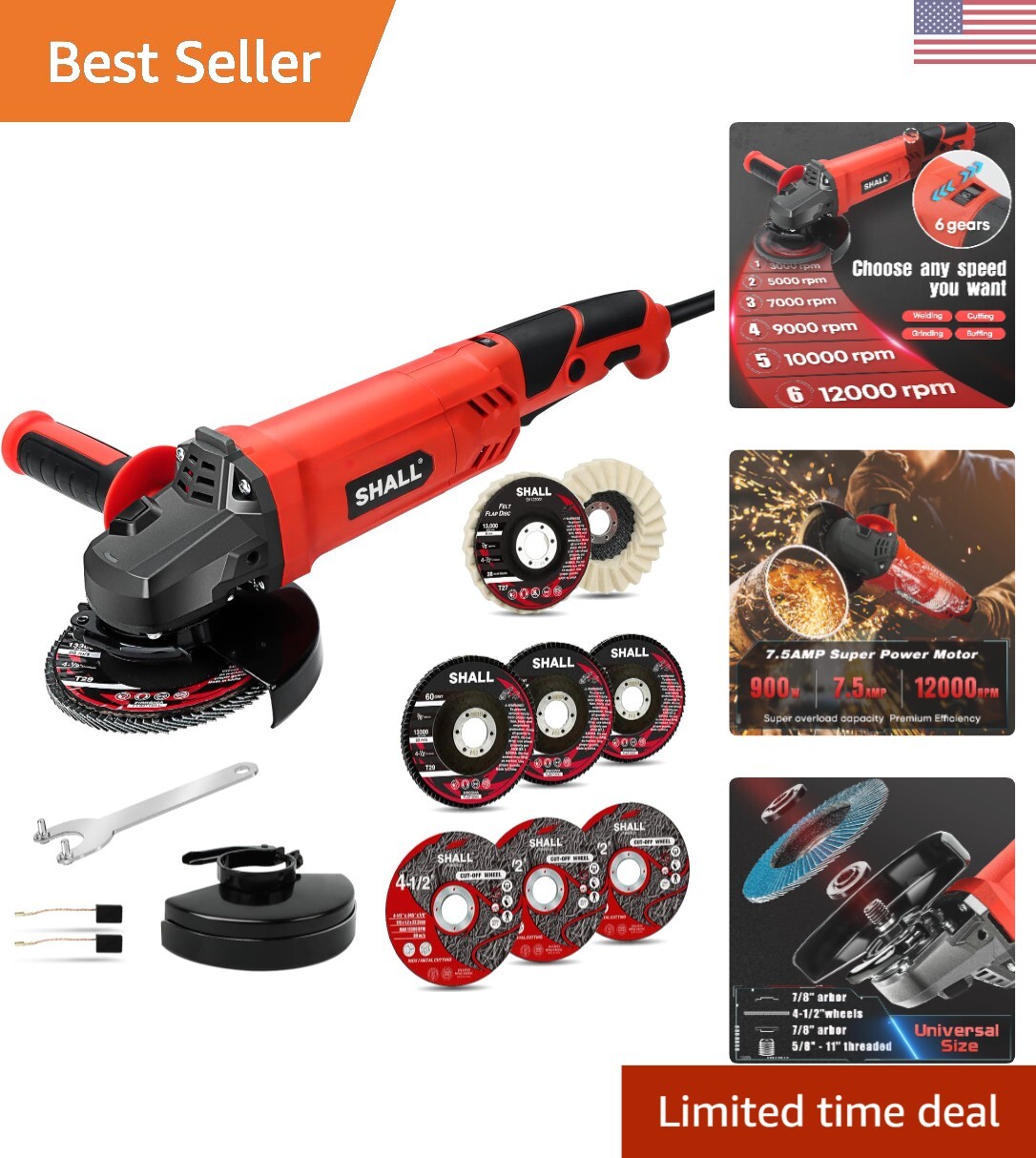 7.5Amp 4-1/2 Inch Angle Grinder with 6-Speed Control for Power Tool Projects