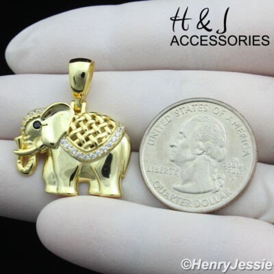 MEN WOMEN 925 STERLING SILVER ICY BLING CZ GOLD PLATED ELEPHANT  PENDANT*AGP397