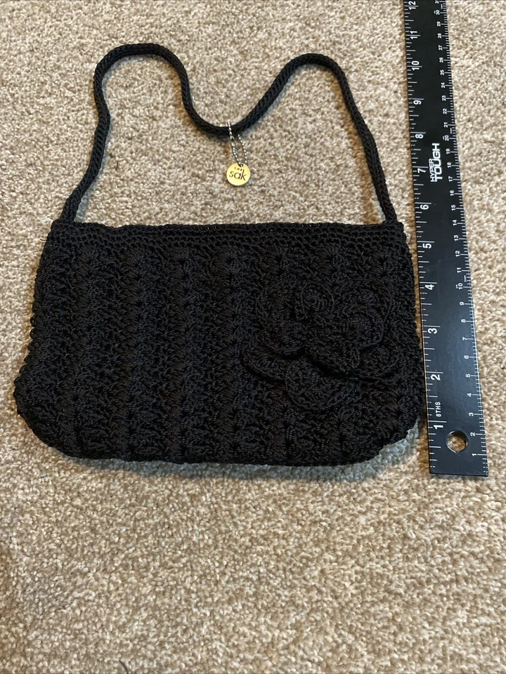 Винтажный SAK маленький классический черный крючком наплечная сумка сумочка Y2K ретро цветок - Изображение 4 из 4