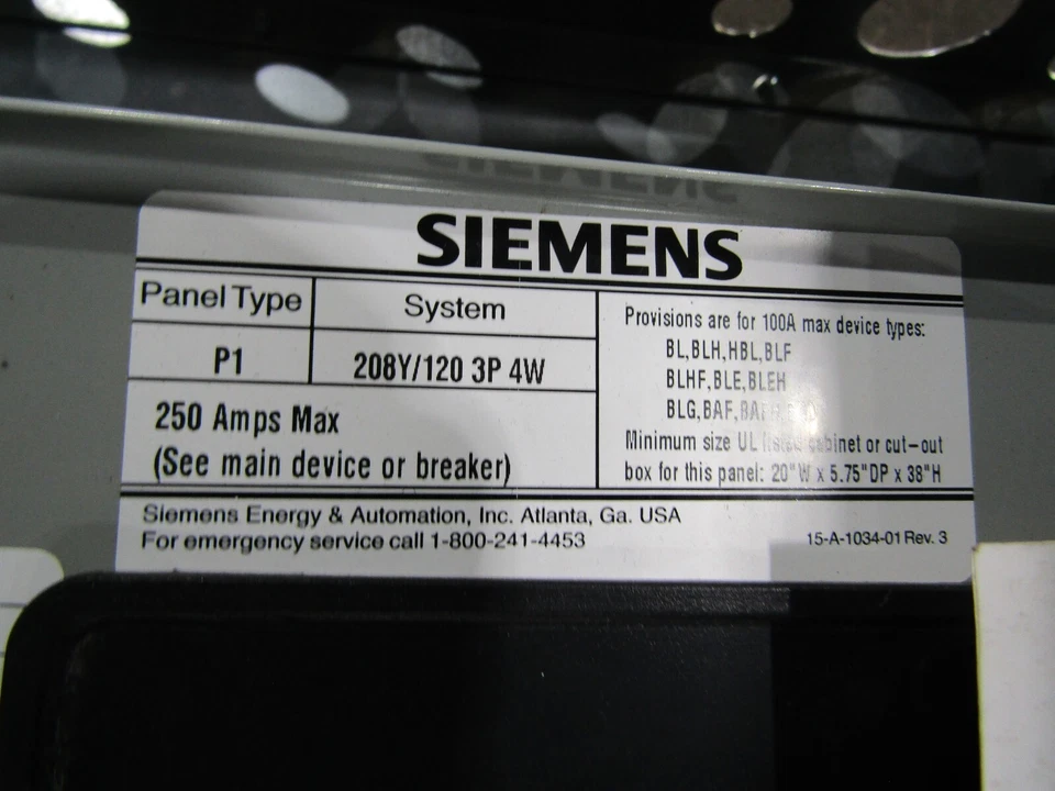 💥SIEMENS 250 AMP MAX MAIN LUG PANELBOARD 208Y/120V 30 CIRCUIT 3Ø 4W P1X30MC250A - Image 2 of 4