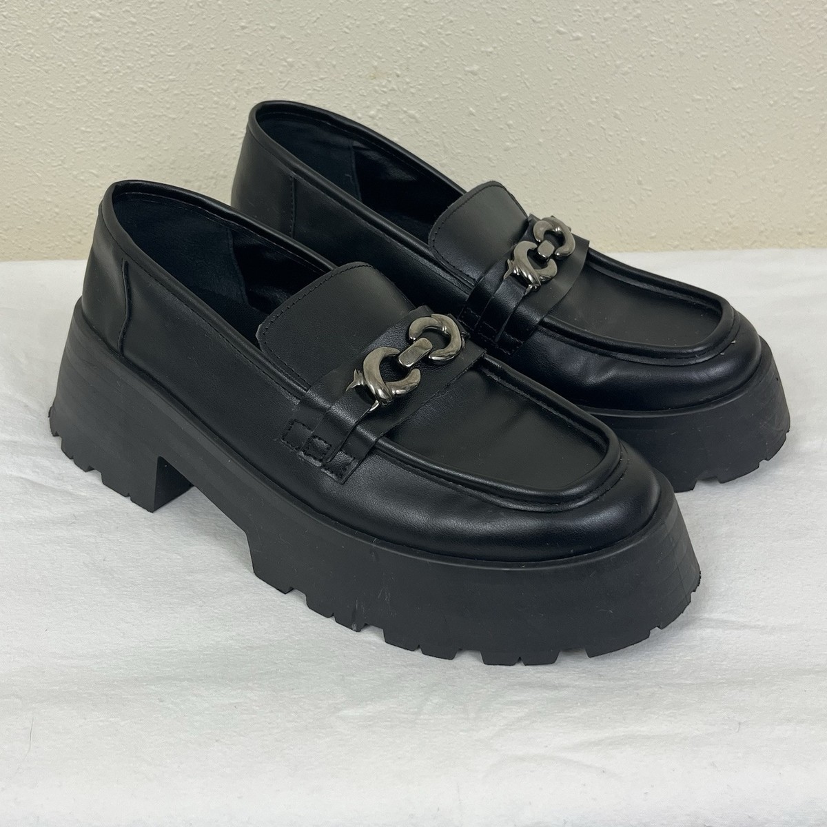 Asos Design Chunky Lug Slip On Loafers Womens Size 11 Black Leather Italy  Madr