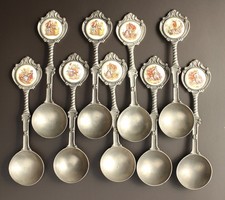9 Vintage Zinn Wandl&ouml;ffel Rokoko Motive Sammlerl&ouml;ffel RAL G&uuml;tezeichen Set