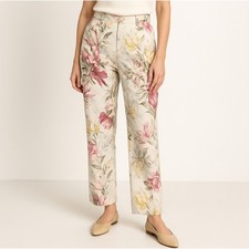 Vintage 90s High Waist Floral Linen Blend Pants Lightweight Tropical Print 14