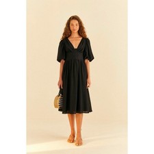 Farm Rio Black Corset Puff Sleeve Midi Dress Size Small