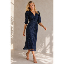 NEW MAC DUGGAL Navy Beaded Sequin Faux Wrap Midi Dress 6 Cocktail Party Guest