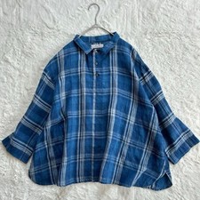 Blusa Pullover ICHI / ICHI Antigüedades Lino Cuello Cuadros Azul Excelente