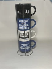 The Office Stackable Mug Set of 4 With Holder Ceramic White Blue Black