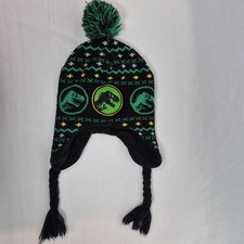Jurassic World Unisex Youth Beanie w/Tassels Dinosaur Fossil Black/Green