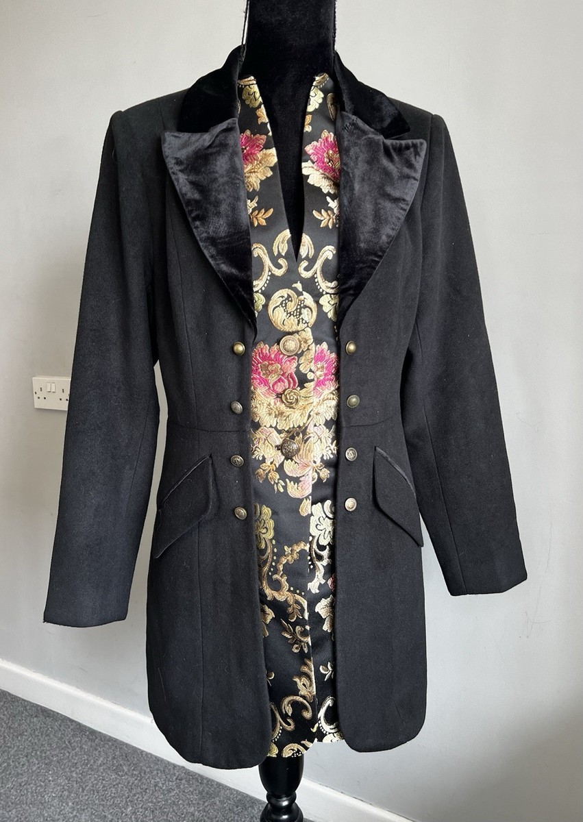 Joe Browns Long Black Coat with Integrated Floral Jacquard