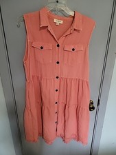 Umgee Sleeveless Dress Size  Medium Coral Tiered Rayon Fabric Frayed Bottom 