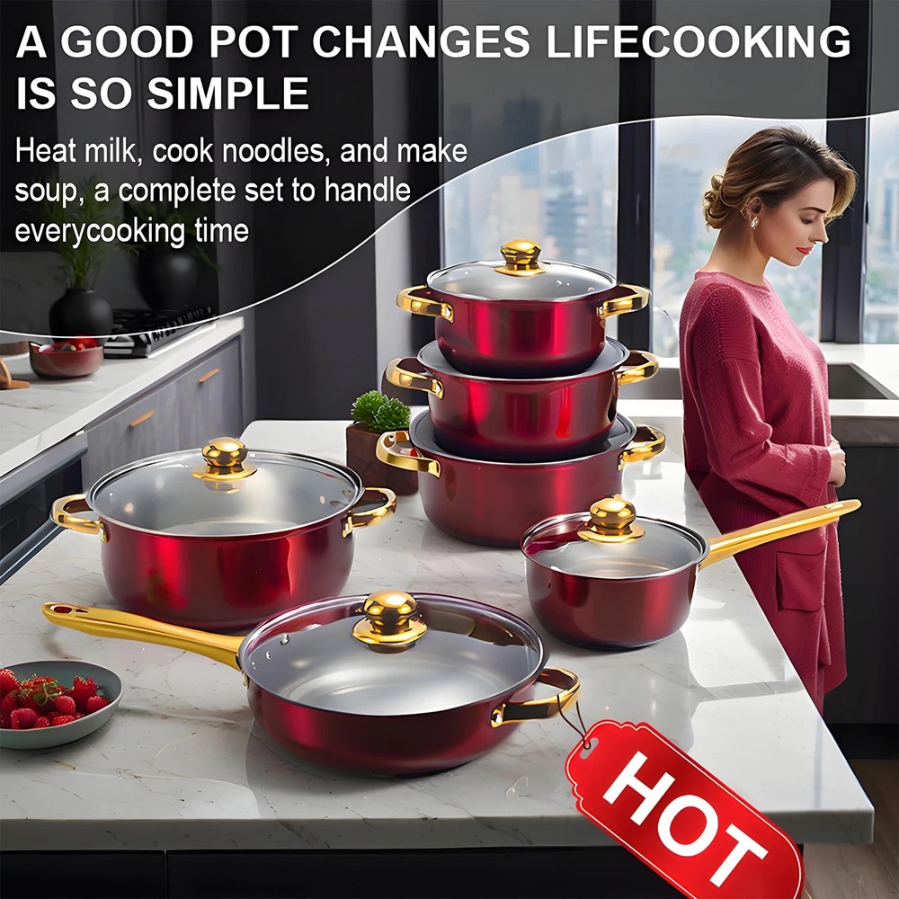 12 Piece Cookware Set Nonstick Pots and Pans Home Kitchen Cooking Non Stick, Red