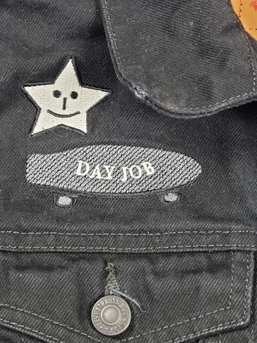Levi's Denim Jean Jacket Kids Large L Patch Trucker Black Peace Boxing Day Job - Picture 3 of 7