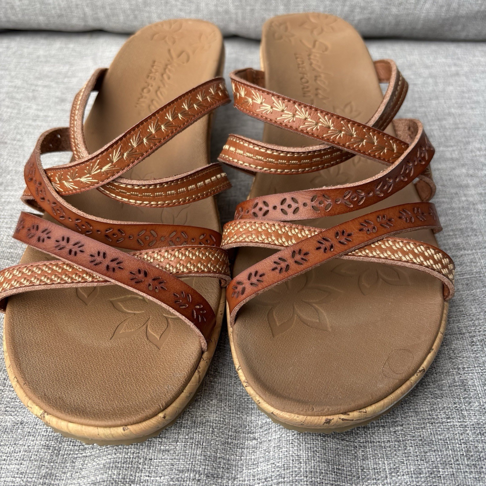 Skechers Sz 10 Cali Beverlee Tiger Posse Wedge Sandal Slide Brown Strappy Slipon