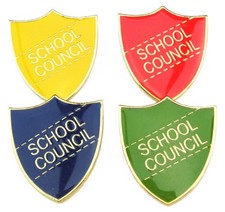 School Council Shield Pin Badge Brooch Red Blue Green or Yellow