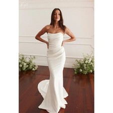 White Strapless Mermaid Long Train Wedding Dress Pleated Sleeveless Button Back