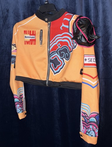 Rrrrrumi Yellow Graphic Anime Racing Track Jacket Mock Neck Full Zip Bomber