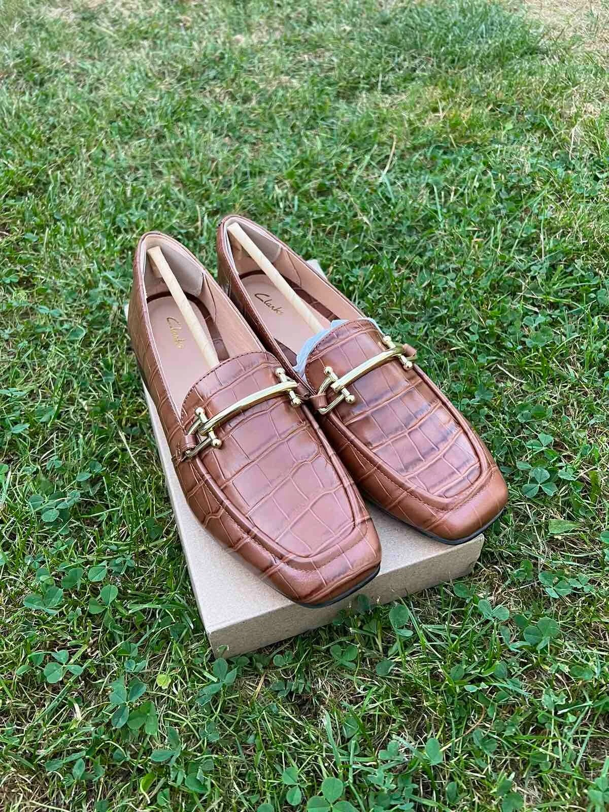 Mocassini da donna Clarks PURE BLOCK in pelle effetto coccodrillo marrone scuro taglia UK 5 1 2D