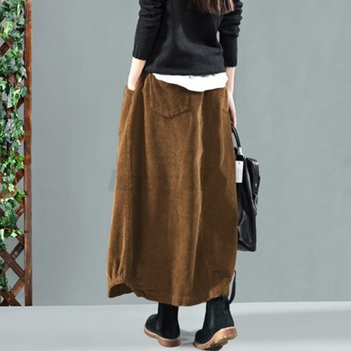ZANZEA UK Womens Casual Loose Elastic Waist Corduroy Skirt High Waist Long Dress - Picture 10 of 15