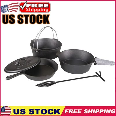 6 Pieces Cast Iron Camping Mess Kits Fry Pan Chicken Fryer W/ Lid Dutch Oven New