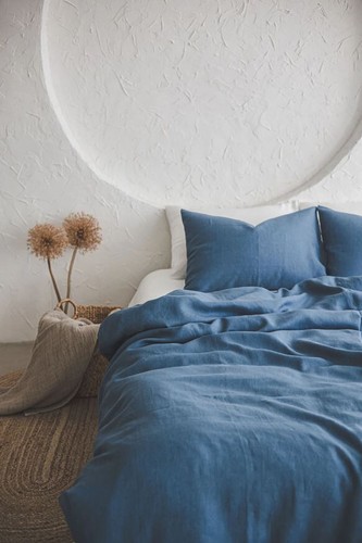 Cornflower blue linen duvet cover with coconut buttons Natural soft linen Set - Picture 5 of 8