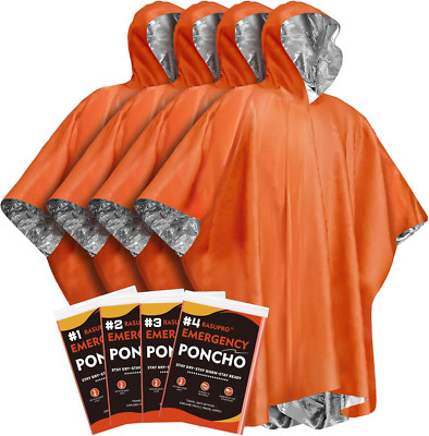 Wallaby 4-Pack Emergency Mylar Ponchos – 90%+ Heat Retention, Waterproof, Universal Fit, With Free Survival Guide (Orange)
