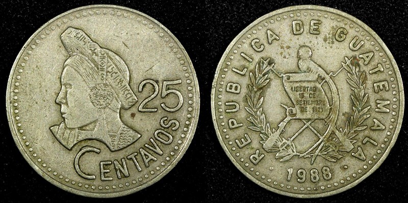 Guatemala Copper-Nickel 1988 25 Centavos VF KM# 278.5  (24 659)