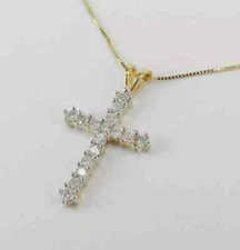 1 CT Round Cut Diamond Cross Pendant Necklace 14K Yellow Gold Over Free Chain