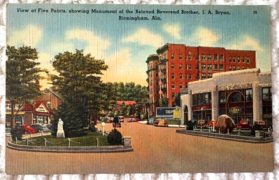 View of Five Points, Birmingham Alabama Linen Postcard