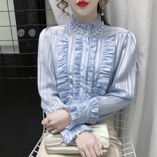 Women Long Sleeve Shirt Office Ruffle Frill Blouse Semi-Sheer Beaded Striped Top