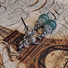Handcrafted Green Malaysian Jade Gemstone Lacy Trim Silver Carved Rose Earrings