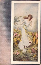 Butterflies Flitting Around Lovely Lady in Field of Flowers-Old Postcard