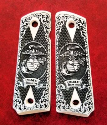 COLT 1911 custom 3D engraved imitation ivory grips Marines Semper Fidelis Scroll