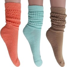 Colorful All Cotton Slouch Socks 3 Pairs Shoe Size 5 to 10