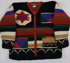 Vintage Ecuador Hand Knit Multicolor Native Pattern Heavy Wool Cardigan Sweater