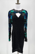 Vintage Laurence Kazar Black Pure Silk Blue Beaded Floral Cocktail Dress Sz S