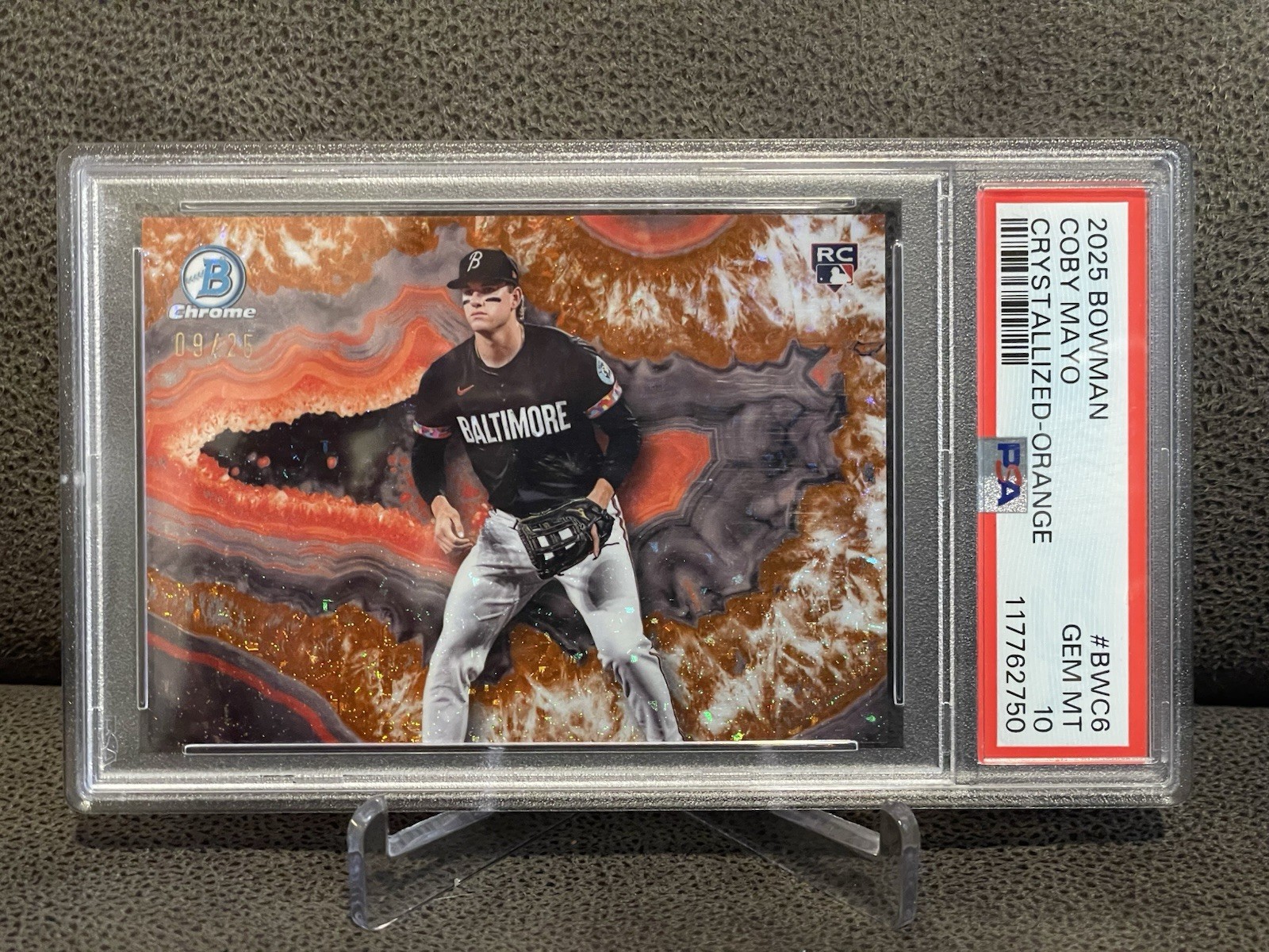 🔥Coby Mayo 2025 Bowman Crystallized Orange 9/25 SSP Case Hit PSA 10 Orioles