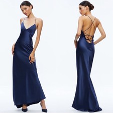 Alice + Olivia Montana Azure Blue Strappy Tie Back Satin Maxi Dress Size 10