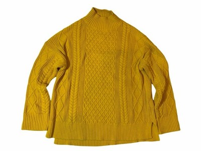 J. Crew Mustard Yellow Cable Knit Mock Neck Sweater Cotton Cottagecore Cozy