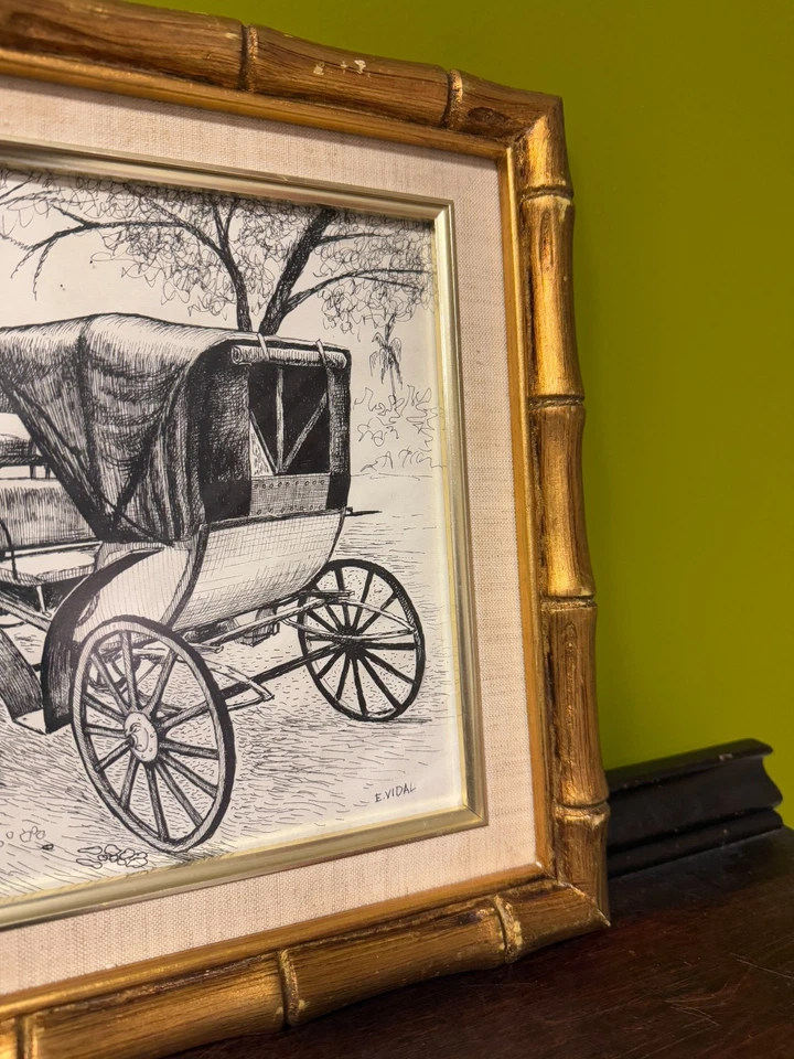 Vintage Horse Carriage Drawing Signed E Vidal Gold Wood Bamboo Style Gold Frame - Image 4 of 4