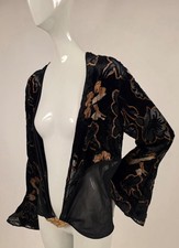 1930  S COLORFUL FLORAL VOIDED SILK VELVET JACKET W BELL SLEEVES  FILIGREE CLASP