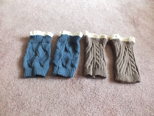 Beautiful Boot Cuffs Leg Warmers Set 2  Blue & Brown Off white lace 8" Long