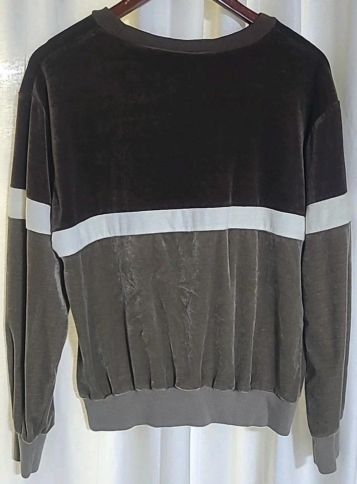 Винтажная мужская велюровая рубашка 70-х 80-х размер XL коричневая в полоску с длинным рукавом вырез лодочкой - Изображение 3 из 4