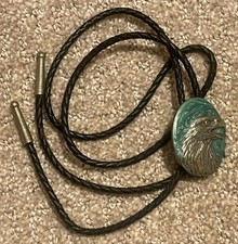 Vintage 1987 Eagle Leather Bolo Tie Siskiyou Buckle Co Eagle Teal Enamel