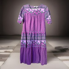 Vermont Country Store Boho Cotton Dress Purple Floral Print Tiered Midi Medium 