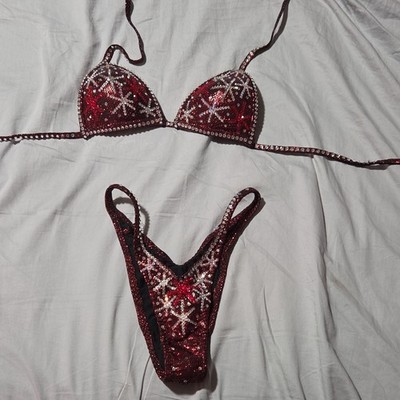 Women s Red/black/clear Rhinestone Snowflake Bikini for Figure competition.