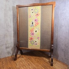 Large Embroidered Fire Screen Oak Frame Floral Design Vintage 51 cm x 76 cm